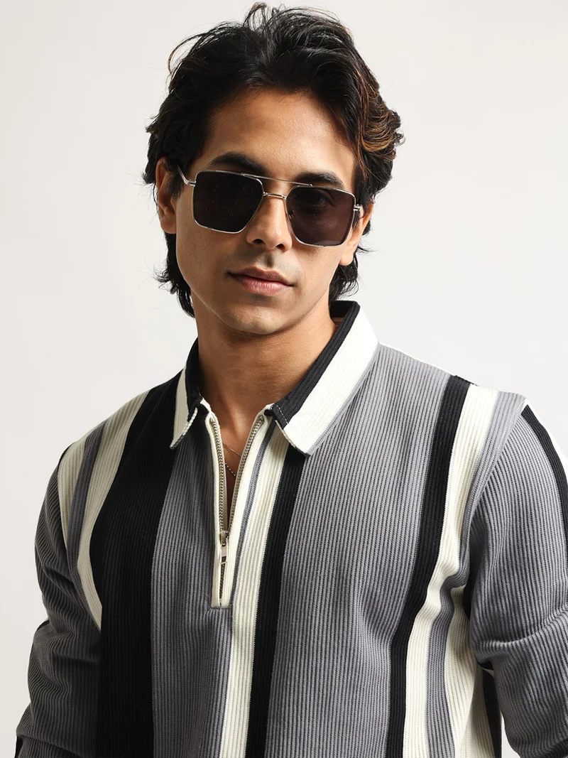 مانياك Maniac Mens Vertical Stripe HighStreet Polo Neck Full Sleeve Cream and Grey Corduroy Polo T-Shirt