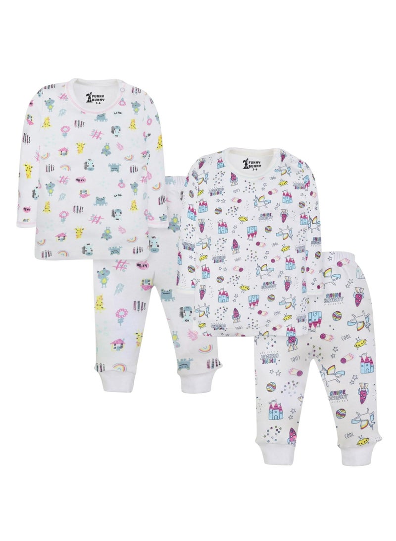 فاني باني فانى بانى مجموعة من قطعتين من ملابس نوم الأطفال فانلة كم وبنطلون، بيجاما قطنية بطبعات بيضاء - Image 1