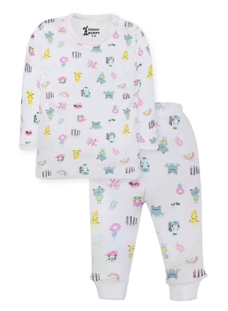 فاني باني فانى بانى مجموعة من قطعتين من ملابس نوم الأطفال فانلة كم وبنطلون، بيجاما قطنية بطبعات بيضاء - Image 2