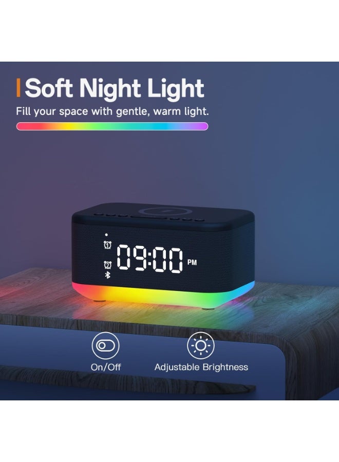 Bukela Alarm Clock Speaker Wireless Charger, Digital Alarm Clocks Bedrooms Bluetooth, Alarm Clock Dimmable Light Bedrooms Bluetooth Speaker Dual Alarm Snooze 12/24H Dimmer Support USB , Black - Image 2