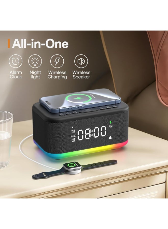 Bukela Alarm Clock Speaker Wireless Charger, Digital Alarm Clocks Bedrooms Bluetooth, Alarm Clock Dimmable Light Bedrooms Bluetooth Speaker Dual Alarm Snooze 12/24H Dimmer Support USB , Black - Image 3