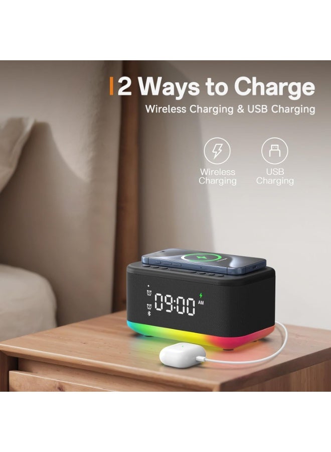Bukela Alarm Clock Speaker Wireless Charger, Digital Alarm Clocks Bedrooms Bluetooth, Alarm Clock Dimmable Light Bedrooms Bluetooth Speaker Dual Alarm Snooze 12/24H Dimmer Support USB , Black - Image 5