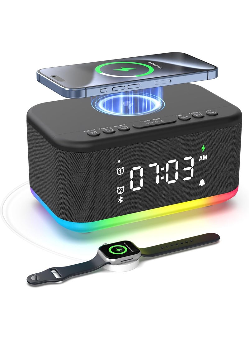 Bukela Alarm Clock Speaker Wireless Charger, Digital Alarm Clocks Bedrooms Bluetooth, Alarm Clock Dimmable Light Bedrooms Bluetooth Speaker Dual Alarm Snooze 12/24H Dimmer Support USB , Black - Image 1