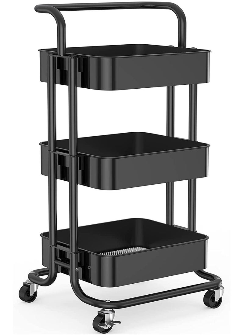 PENG GENERAL 3 Tier Rolling Utility Cart With Handles And Lockable Wheels Black  - Image 1