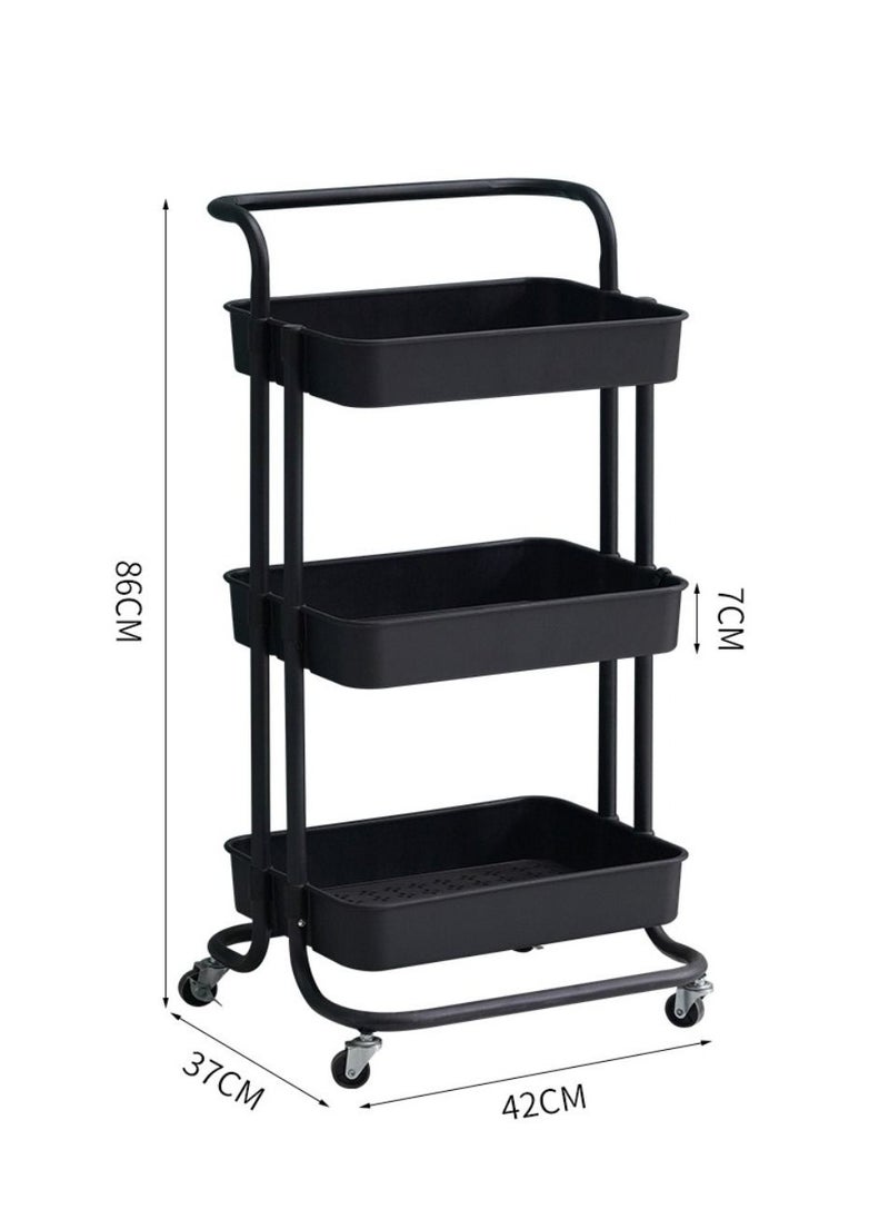 PENG GENERAL 3 Tier Rolling Utility Cart With Handles And Lockable Wheels Black  - Image 4
