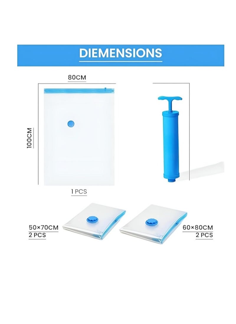 Meetion - Pack 5 Vacuum Storage Bags with pump, Sealer Bags for Clothing, Saver Bags, Sealer Bags for Clothes, Duvets, Bedding, Pillows, Blankets, Curtains, Comforters, Travel - Image 1