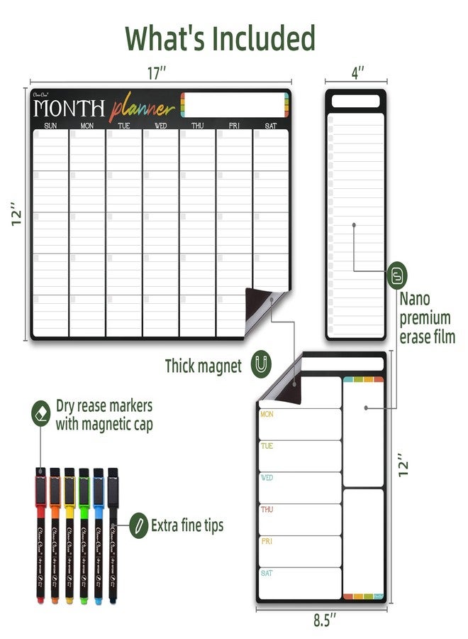 Clever Clean Magnetic Dry Erase Monthly Calendar Set - 17"x12" Monthly and 8.5"x12" Weekly Calendar, 4"x12" List Board for Fridge - 6 Extra Fine Point Dry Erase Markers Included - Shipped Flat - Image 2