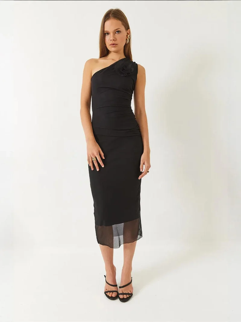 Bianco Lucci LUCCI Asymmetrical Collar Midi Dress with Bow