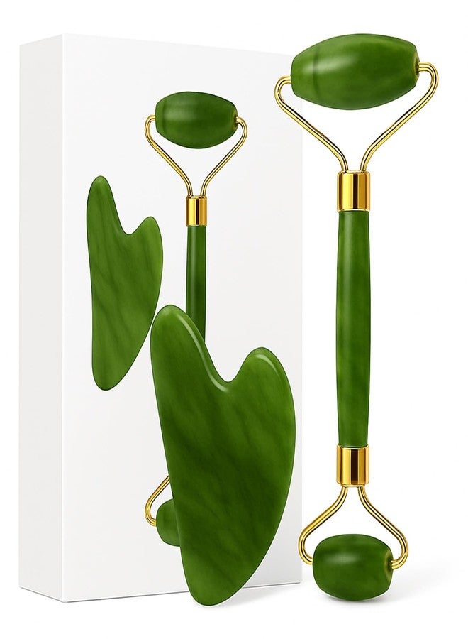 Keli Natural Jade Roller and Gua Sha Under Eye Stone Set for Face Massage - Natural Jade Facial Roller for Skin Tightening, Anti-Aging, Puffiness, Glow Booster - Beauty Skin Care Tool - Image 1