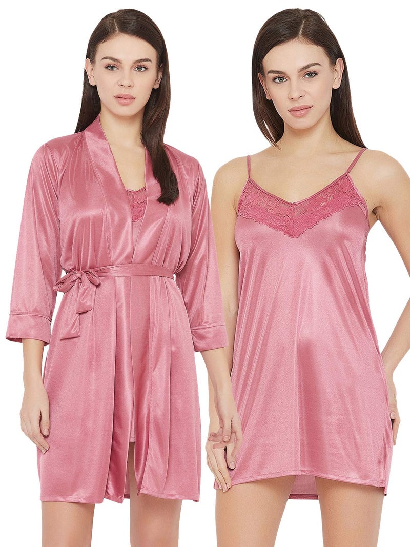 Clovia Women's Satin Short Bridal Night Dress with Robe (NS1355P22_Pink_L) - Image 1