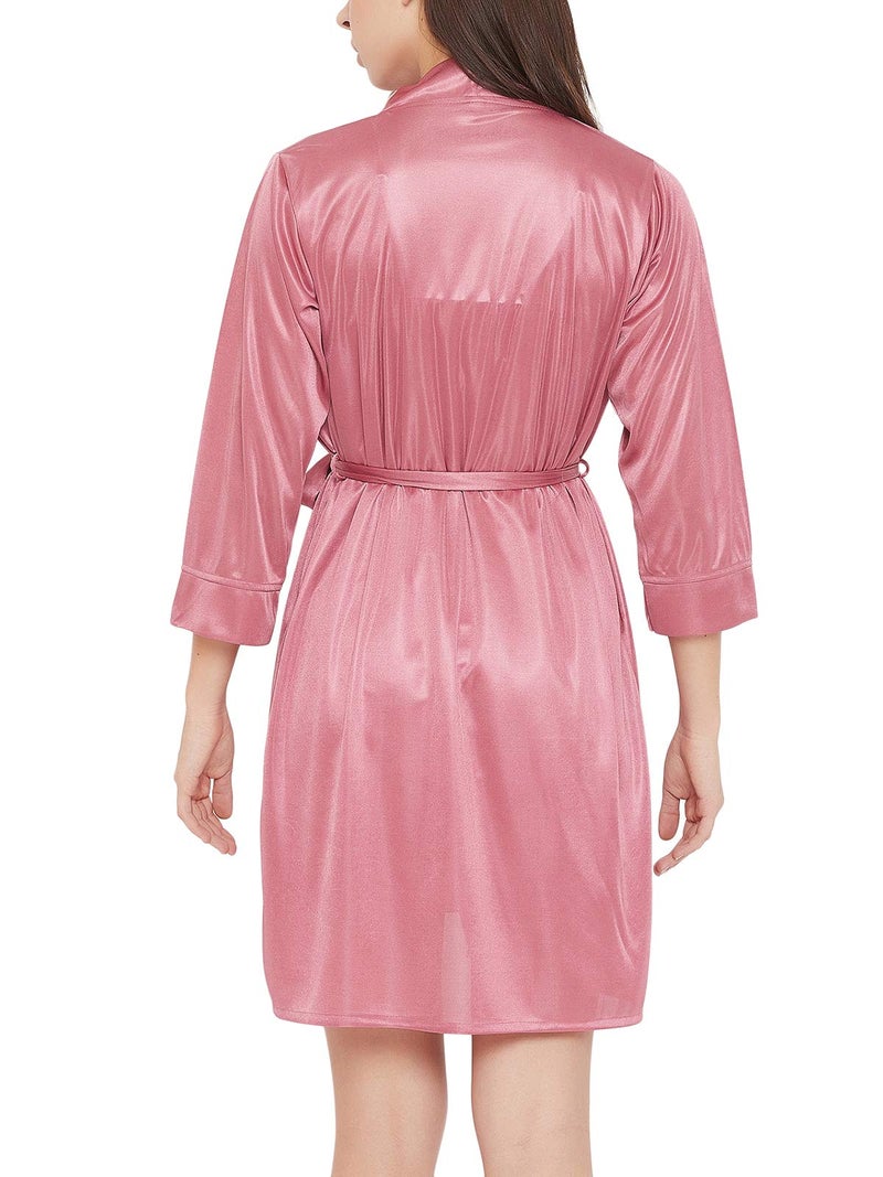 Clovia Women's Satin Short Bridal Night Dress with Robe (NS1355P22_Pink_L) - Image 4