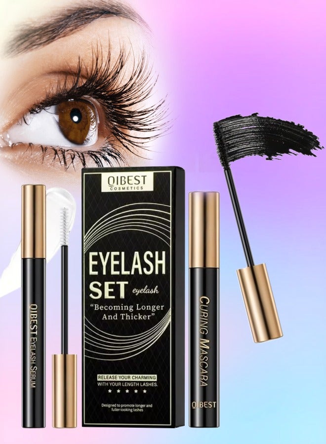 QiBest Black Eyelash Curling Mascara and Eyelash Growth Serum Set 2 in 1 Set for Longer Thicker Eyelash Natural Thick Curly Rooted Long Eyelashes Lash Growth Serum Eyelash Mascara  - Image 1