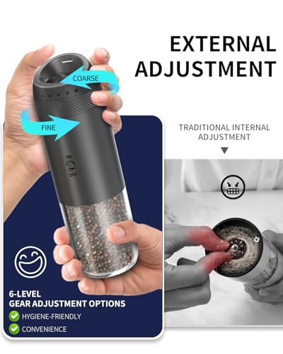 CircleJoy CIRCLE JOY Rechargeable Salt and Pepper Grinder Set Gravity Sensor Electric Salt and Pepper Grinder Set with External Adjustment 176ml Capacity and Onehanded Operation Black - Image 3
