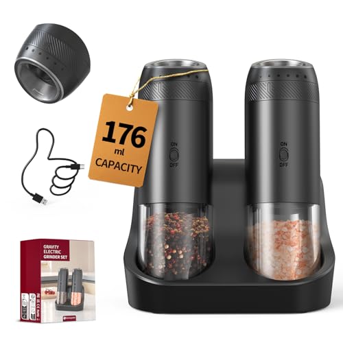 CircleJoy CIRCLE JOY Rechargeable Salt and Pepper Grinder Set Gravity Sensor Electric Salt and Pepper Grinder Set with External Adjustment 176ml Capacity and Onehanded Operation Black - Image 1