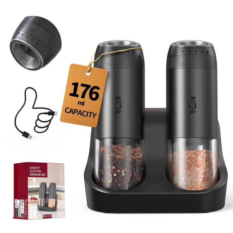 CircleJoy CIRCLE JOY Rechargeable Salt and Pepper Grinder Set Gravity Sensor Electric Salt and Pepper Grinder Set with External Adjustment 176ml Capacity and Onehanded Operation Black - Image 2
