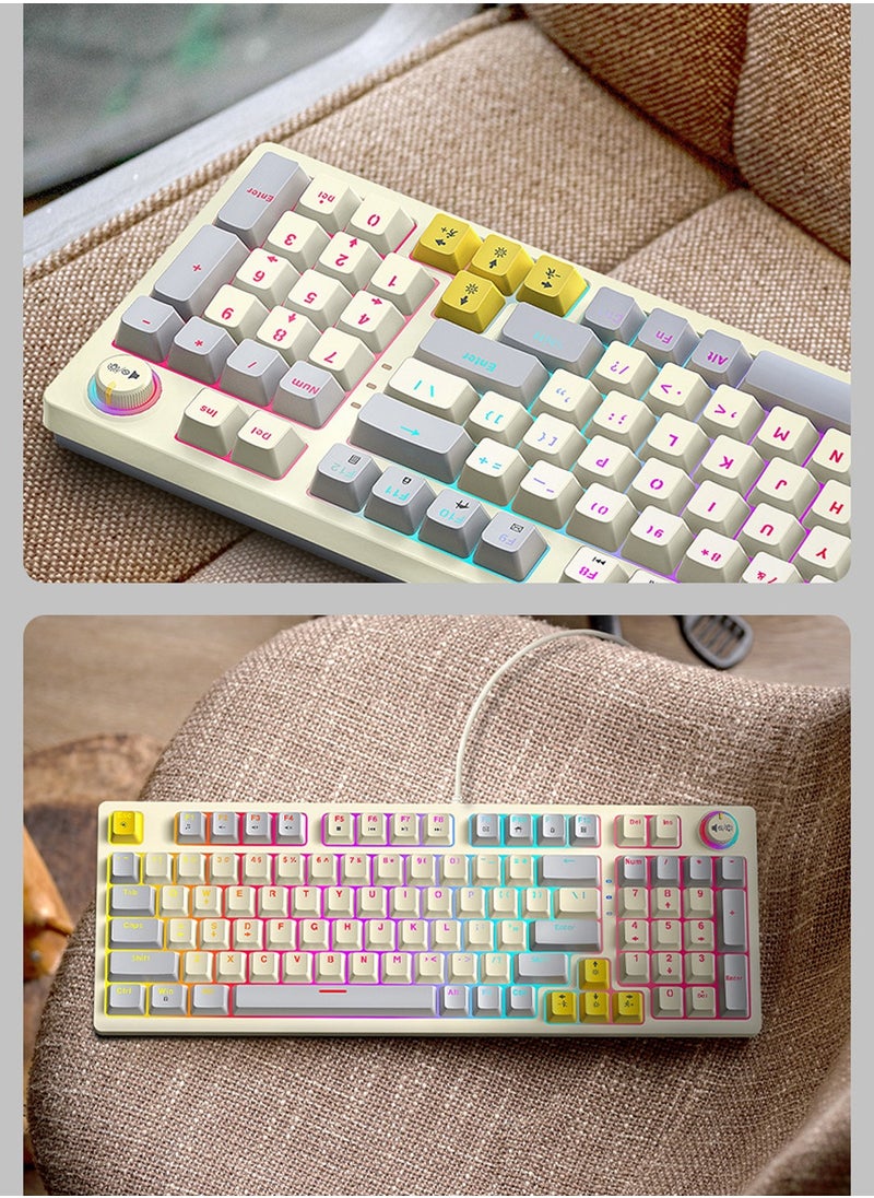 T-WOLF - T50 Wired Gaming Keyboard, 97 Keys Blue Switch Mechanical Keyboard with Rgb Backlit and Multimedia Knob White Grey - Image 1