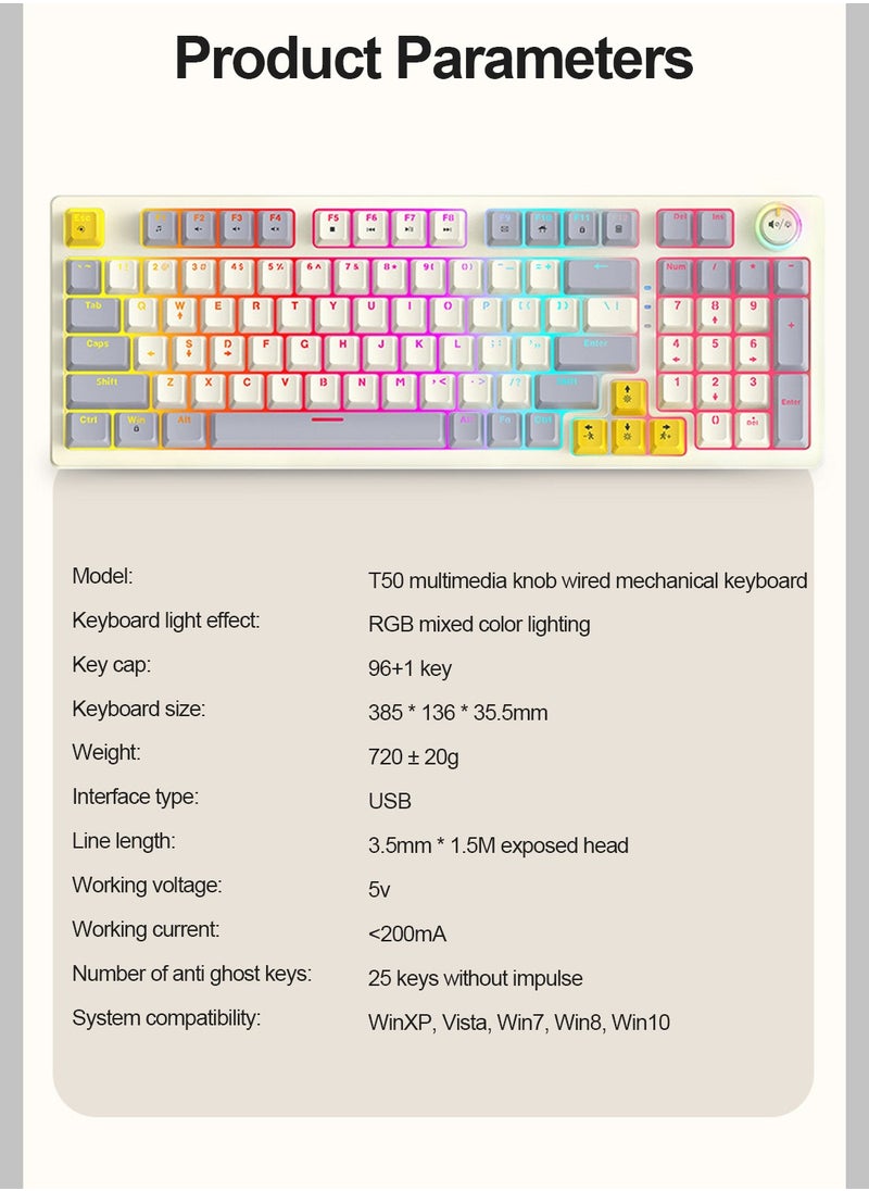T-WOLF - T50 Wired Gaming Keyboard, 97 Keys Blue Switch Mechanical Keyboard with Rgb Backlit and Multimedia Knob White Grey - Image 1