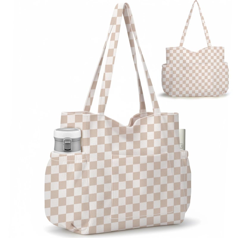 Hatisan Corduroy Tote Bag for Women, Large Capacity Cute Tote Bags With 6 Pockets, Laptop Tote Bag Crossbody Shoulder Handbag Teacher Nurse Bags for Work Travel Gym(Khaki Grid) - Image 1
