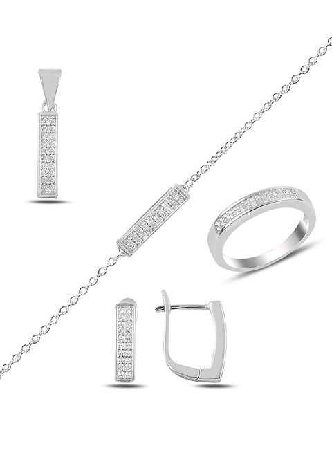 925 Silver-CZ Bar Earrings, Pendant, Bracelet & Ring Set-High-Quality Jewelry in UAE Dubai 100% Precious Metal Gift for Women-EMNON131SE-S91419