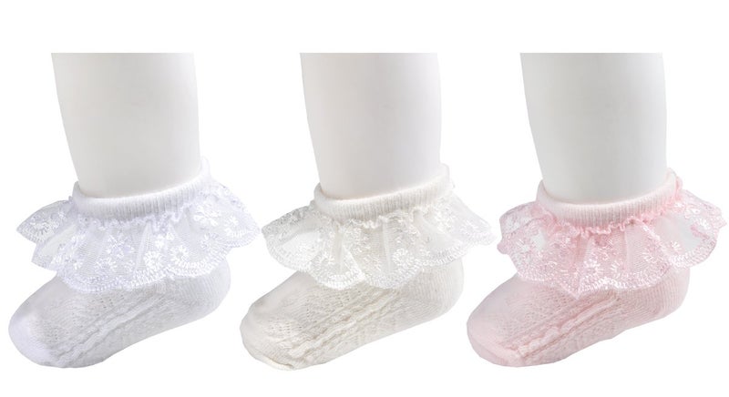 EPEIUS 3 Pair Baby-Girls Eyelet Frilly Lace Socks Princess Ankle Socks White/Pink/Ivory 12-24 Months,Toddler Shoe Size 5-9 - Image 2