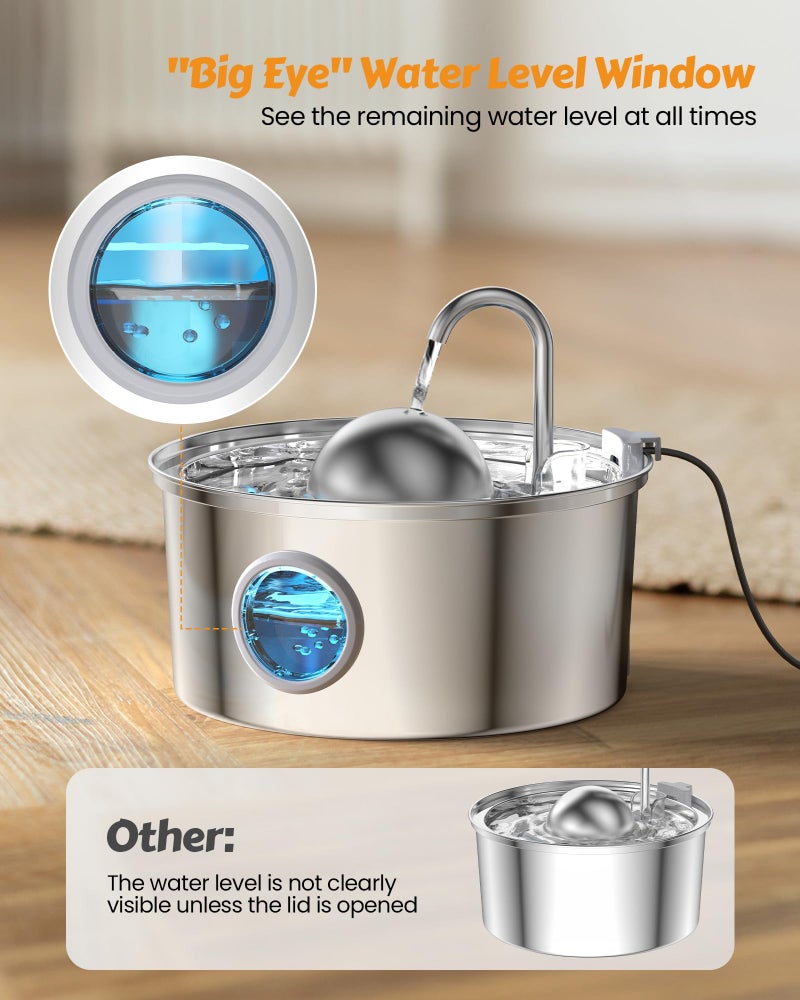 AONBOY Cat Water Fountain Stainless Steel, 108oz/3.2L Cat Fountain, Pet Water Fountain with Water Level Window, Hemispherical Shape, Multi-Filter, Silent Pump, Water Tap, Provides Flowing Water - Image 2