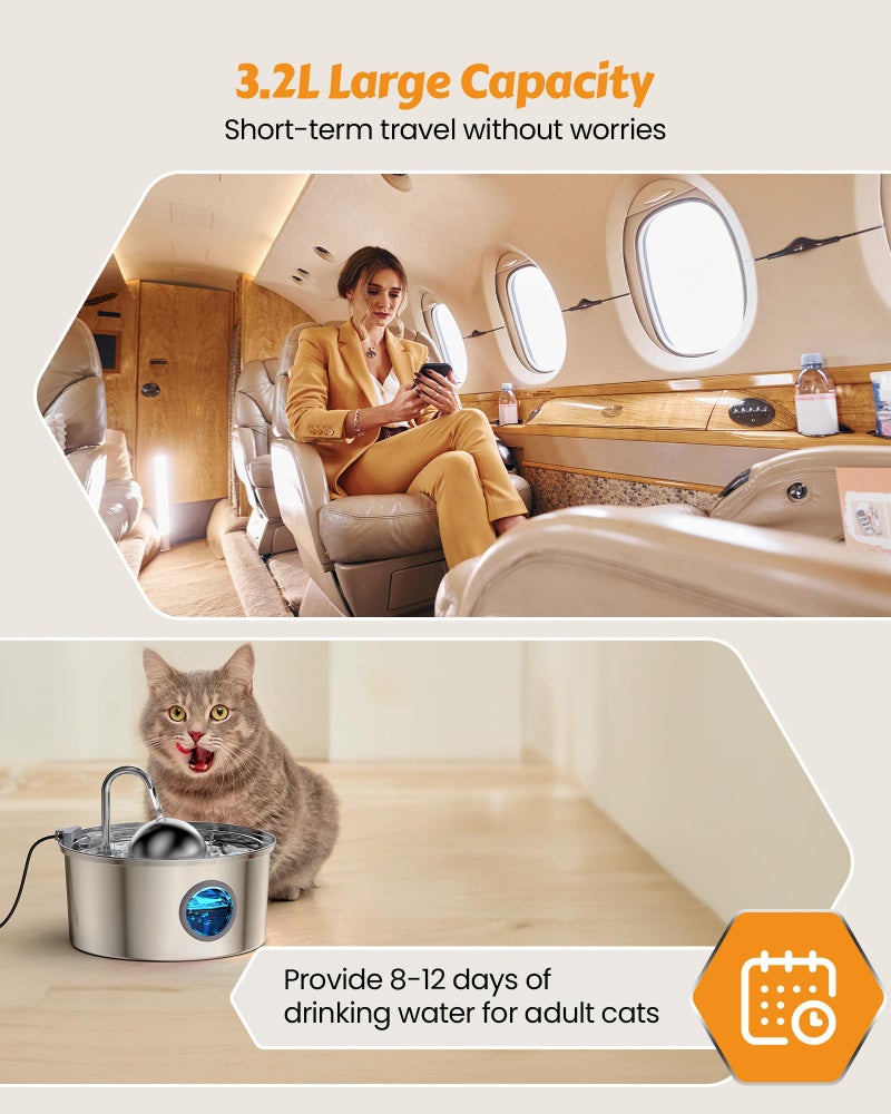 AONBOY Cat Water Fountain Stainless Steel, 108oz/3.2L Cat Fountain, Pet Water Fountain with Water Level Window, Hemispherical Shape, Multi-Filter, Silent Pump, Water Tap, Provides Flowing Water - Image 5