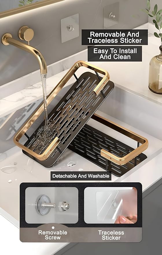 Cazlee Bathroom Self-Adhesive Shelf with 4 Hooks - Wall-Mount Rack for Versatile Storage of Towels, Toiletries, and Other Bathroom Essentials (Golden & Black, Pack of - 2) - Image 2