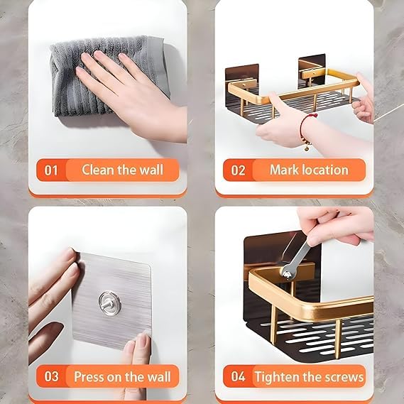 Cazlee Bathroom Self-Adhesive Shelf with 4 Hooks - Wall-Mount Rack for Versatile Storage of Towels, Toiletries, and Other Bathroom Essentials (Golden & Black, Pack of - 2) - Image 4