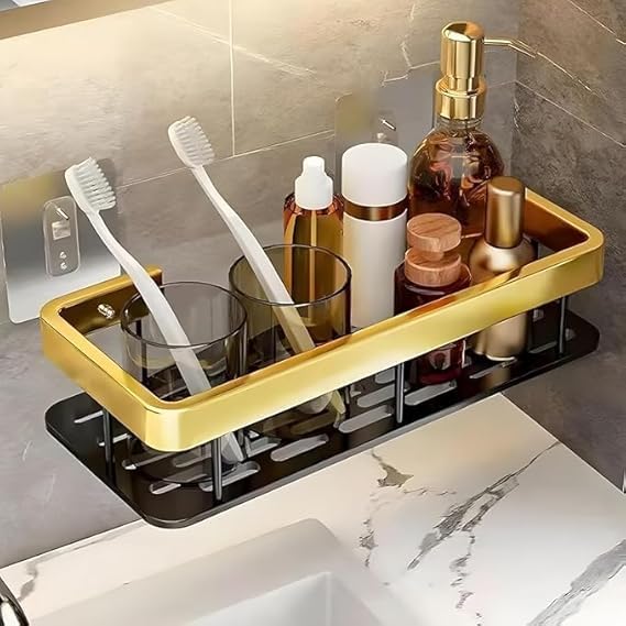 Cazlee Bathroom Self-Adhesive Shelf with 4 Hooks - Wall-Mount Rack for Versatile Storage of Towels, Toiletries, and Other Bathroom Essentials (Golden & Black, Pack of - 2) - Image 1