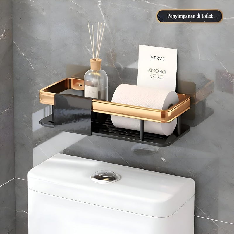 Cazlee Bathroom Self-Adhesive Shelf with 4 Hooks - Wall-Mount Rack for Versatile Storage of Towels, Toiletries, and Other Bathroom Essentials (Golden & Black, Pack of - 2) - Image 5