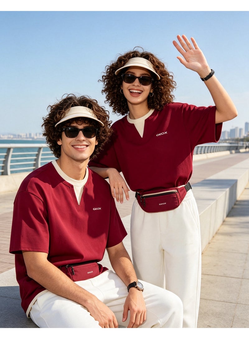 GEOX Burgundy Red Unisex Fake Two Pieces Notch Neck Short Sleeve T-Shirt Loose Casual Daily Couple Top - Image 4