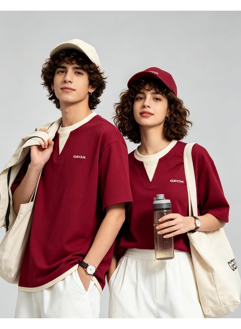 GEOX Burgundy Red Unisex Fake Two Pieces Notch Neck Short Sleeve T-Shirt Loose Casual Daily Couple Top - Image 1
