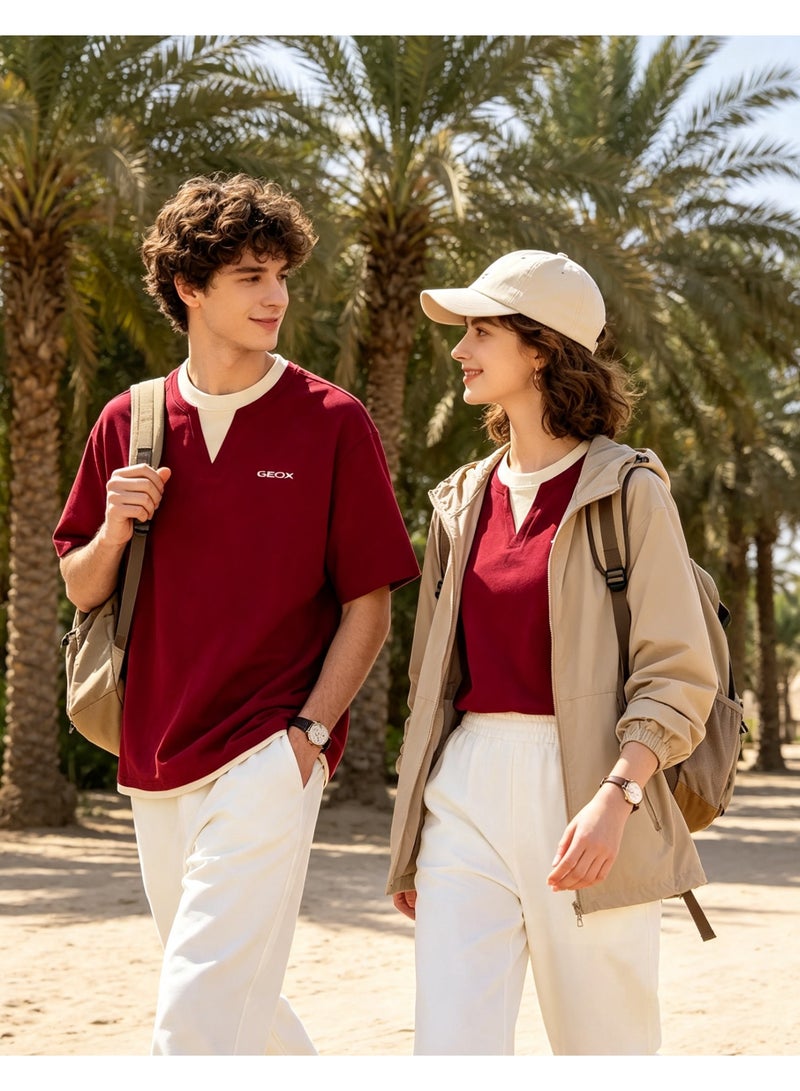 GEOX Burgundy Red Unisex Fake Two Pieces Notch Neck Short Sleeve T-Shirt Loose Casual Daily Couple Top - Image 5