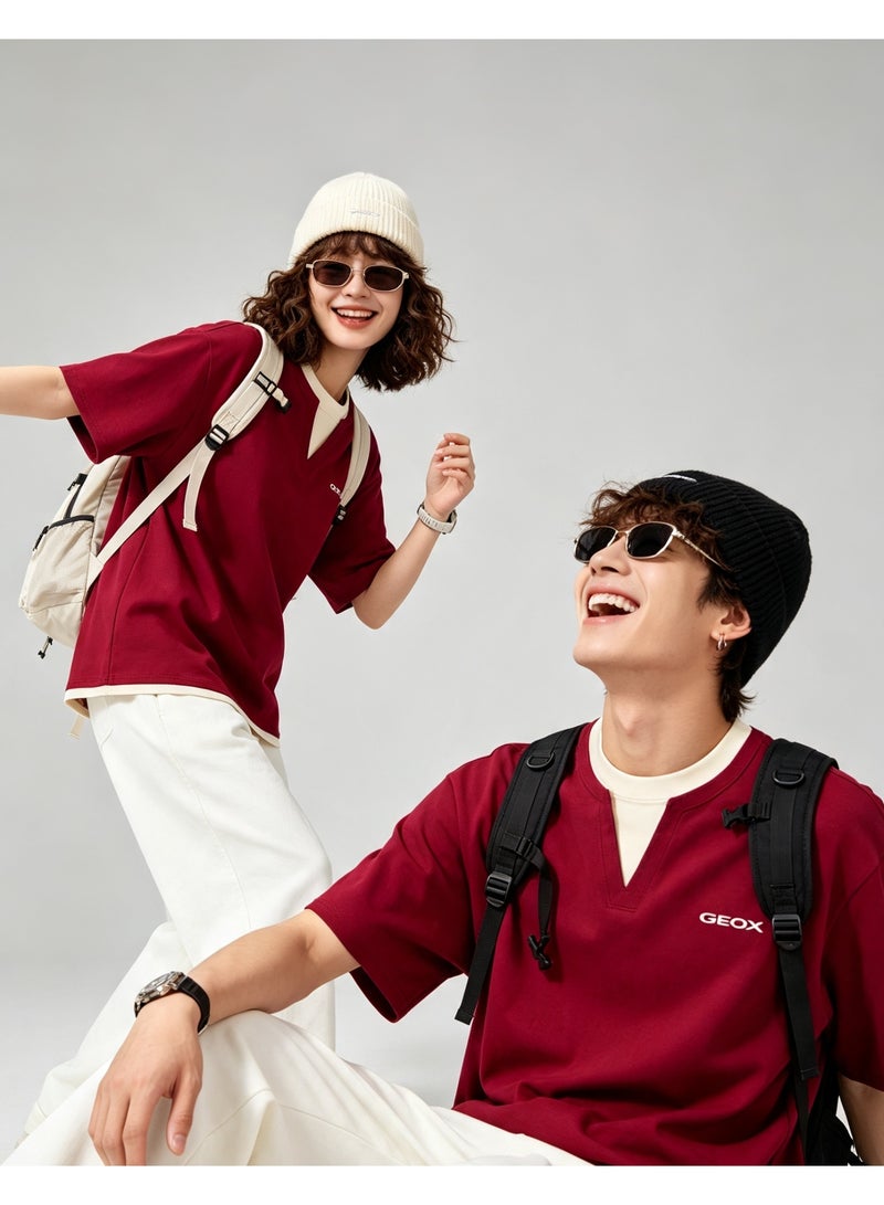 GEOX Burgundy Red Unisex Fake Two Pieces Notch Neck Short Sleeve T-Shirt Loose Casual Daily Couple Top - Image 2