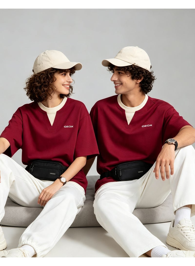 GEOX Burgundy Red Unisex Fake Two Pieces Notch Neck Short Sleeve T-Shirt Loose Casual Daily Couple Top - Image 3
