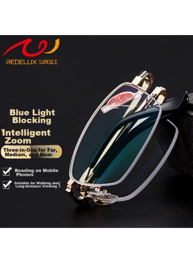 Sunset Red نظارات القراءة Sunset Red، ثنائية البؤرة، مضادة للضوء الأزرق، عالية الدقة، تكبير ذكي، قابلة للطي، للمسنين، نظارات القراءة 9014، ذهبية، 200 درجة - Image 1