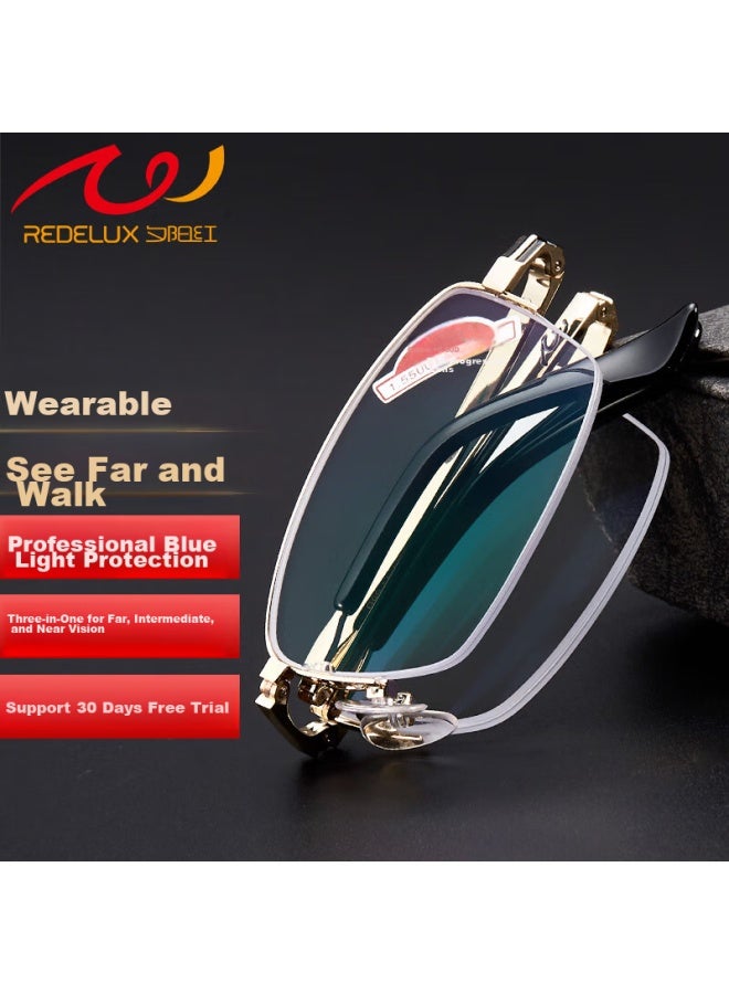 Sunset Red نظارات القراءة Sunset Red، ثنائية البؤرة، مضادة للضوء الأزرق، عالية الدقة، تكبير ذكي، قابلة للطي، للمسنين، نظارات القراءة 9014، ذهبية، 200 درجة - Image 3