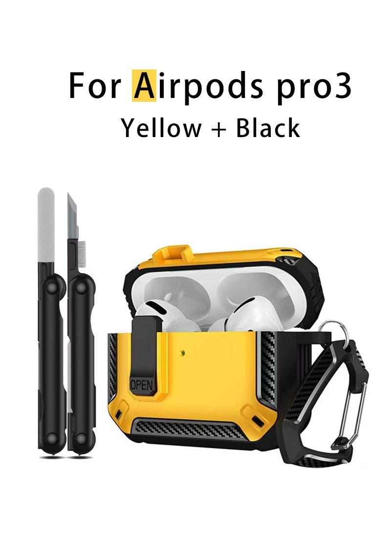 AirPods Pro 3 2025 Protective Case with Three-in-One Cleaning Tool Military-Grade Shockproof Case with Keyring for AirPods Pro 3 Compatible with Apple AirPods Pro 3 2025 (Yellow + Black) - Image 1