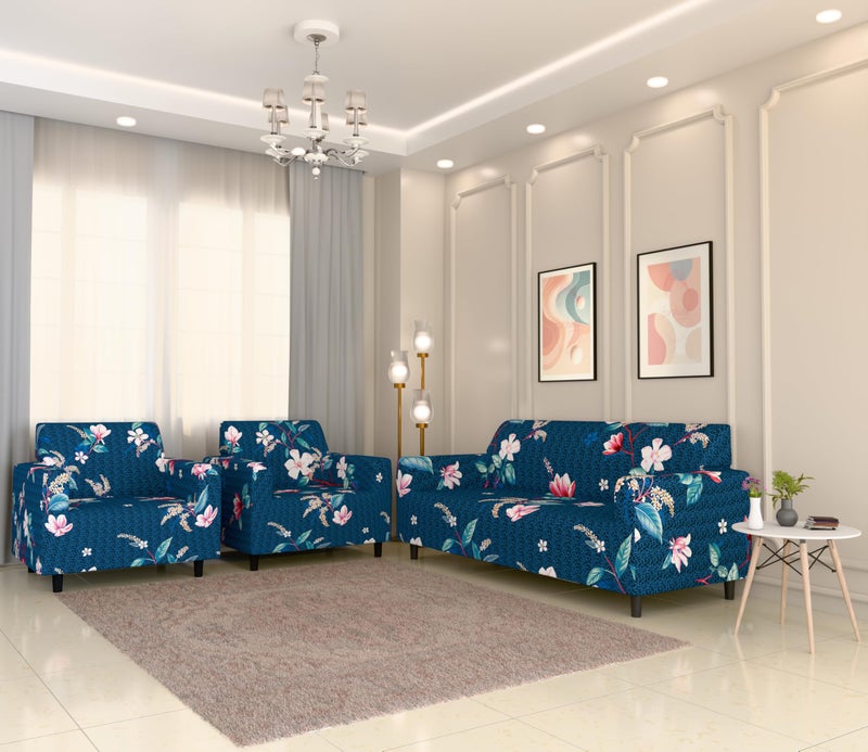 Furshine® Sofa Cover 3 Seater and 2 Seater Fully Covered Universal 5 Seater Sofa Cover Non-Slip Sticky Elastic Stretchable Sofa Set Imported Slipcover Protector (Blue Lotus, Five Seater (3+1+1)) - Image 2