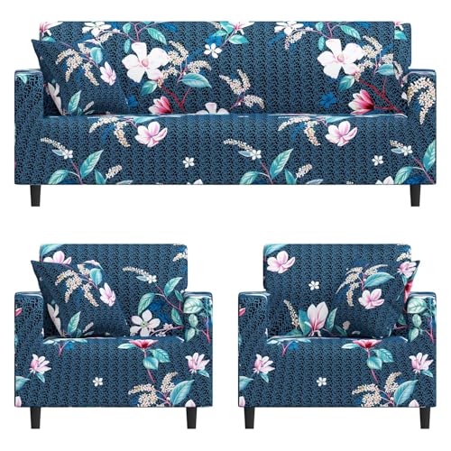Furshine® Sofa Cover 3 Seater and 2 Seater Fully Covered Universal 5 Seater Sofa Cover Non-Slip Sticky Elastic Stretchable Sofa Set Imported Slipcover Protector (Blue Lotus, Five Seater (3+1+1)) - Image 1