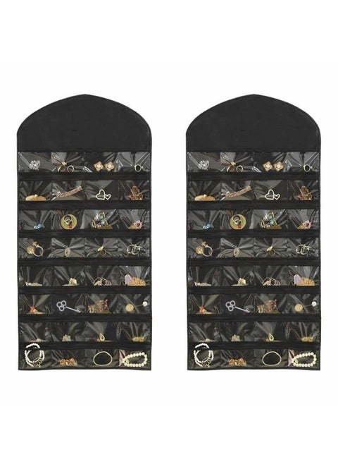 Homestrap Hanging Non-Woven Double Sided 32 Pockets in Front and 18 Hook and Loops in Back Jewellery Organizer Without Hanger (Black) - Pack of 2