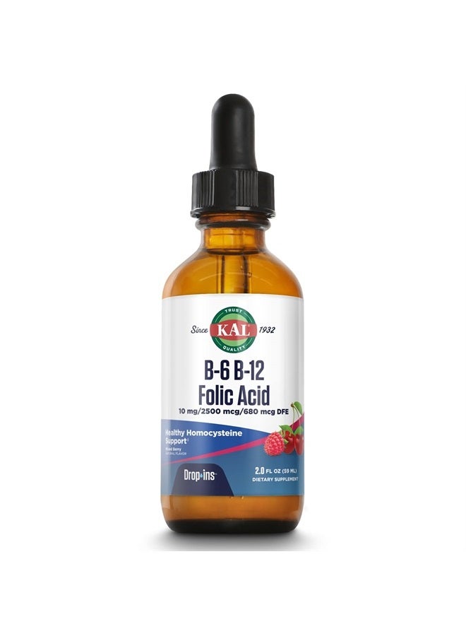 KAL Vitamin B-6 B-12 Folic Acid DropIns, Liquid Vitamin B Supplement Drops, Heart Health, Energy, Red Blood Cell Support with Methyl B12 and Methyl Folate, Natural Mixed Berry Flavor, 59 Servings, 2oz - Image 1