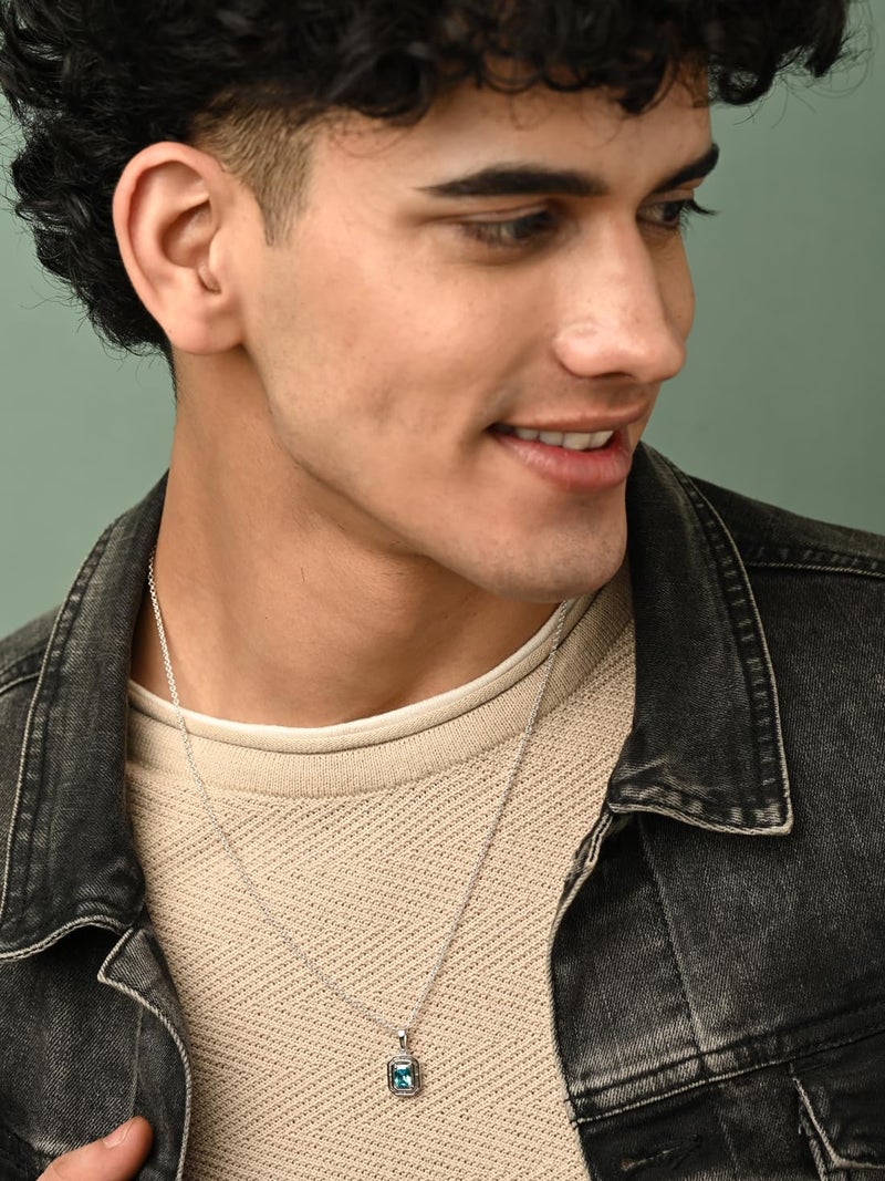 CLARA قلادة رجال من الفضة الإسترلينية النقية 925 مع حجر أزرق مفرد | مع أو بدون سلسلة | هدية للرجال والأولاد | مطلية بالبلاتين، زركون سويسري - Image 5