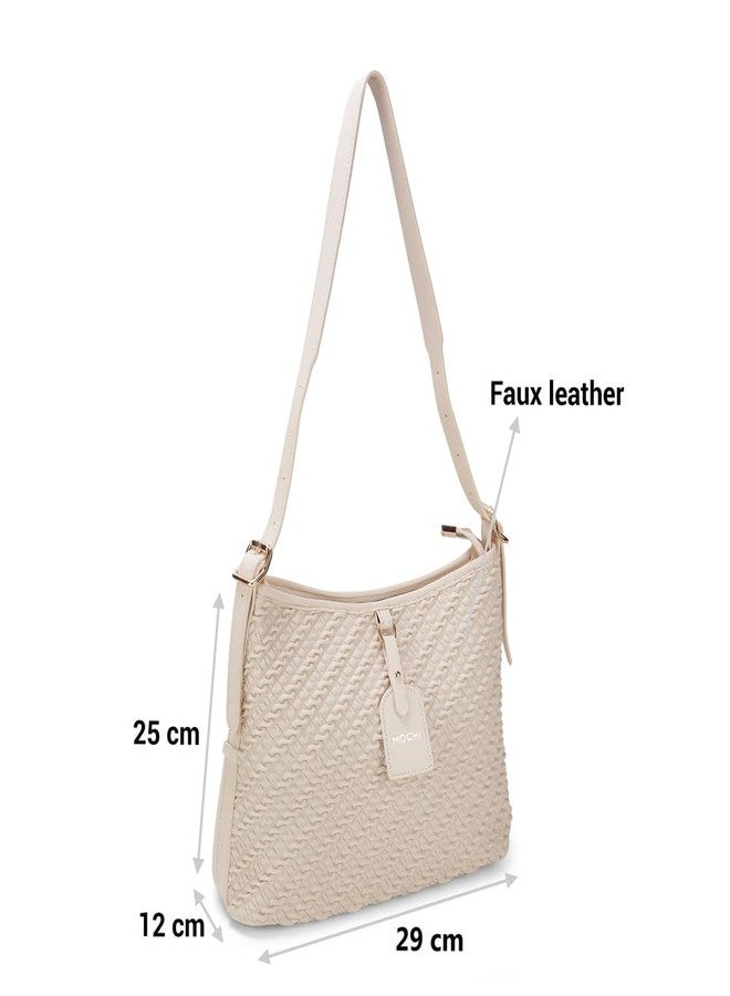 Mochi Stylish Faux Off White Sling with Applique branding and Zipped Closure, Premium Branded lining, Perfect for Casual Use(66-505) - Image 4