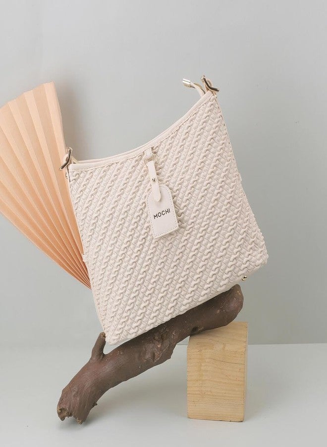 Mochi Stylish Faux Off White Sling with Applique branding and Zipped Closure, Premium Branded lining, Perfect for Casual Use(66-505) - Image 3