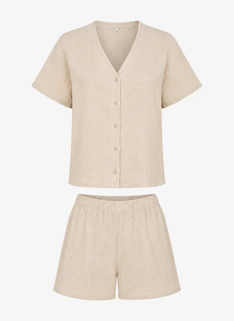 بنتي Women's Beige Short Sleeve Cotton Pyjama Set with Shorts