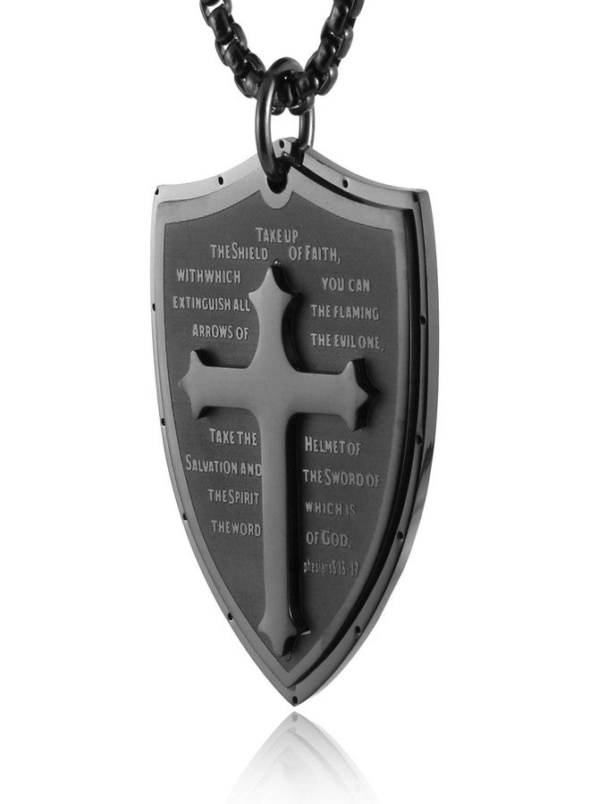 HZMAN Shield Armor of God Ephesians 6:16-17, Faith Cross Stainless Steel Pendant Necklace (Black) - Image 1