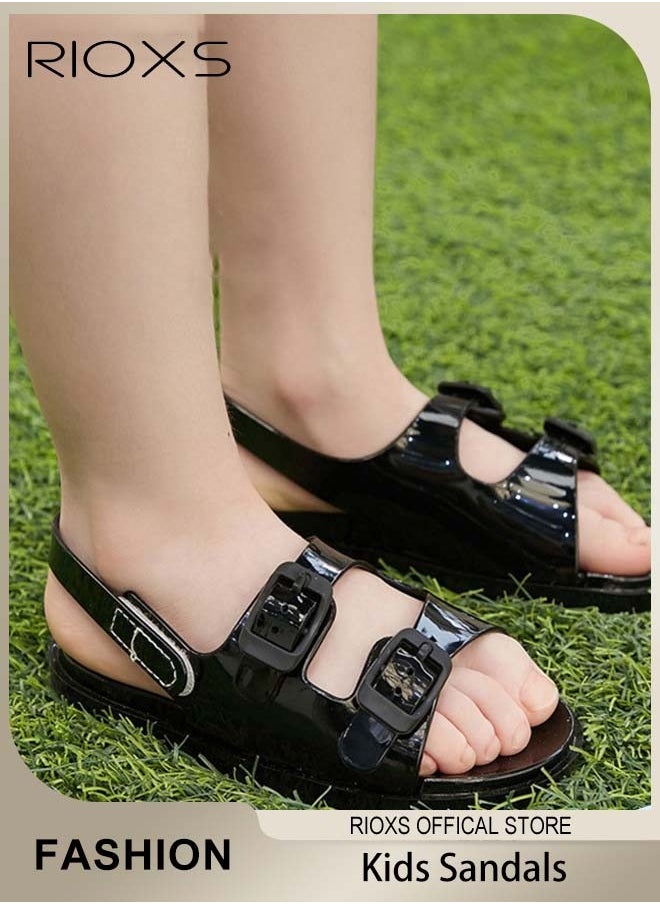 RIOXS Kids Boys Double Buckle Sandals,Open Toe Water Sandals,Adjustable Back Strap Sandal,Lightweight Flat Sandals For Little Big Kid Boys,Hook Loop Sandal,Anti-slip Flat Sandals For Boys  - Image 1