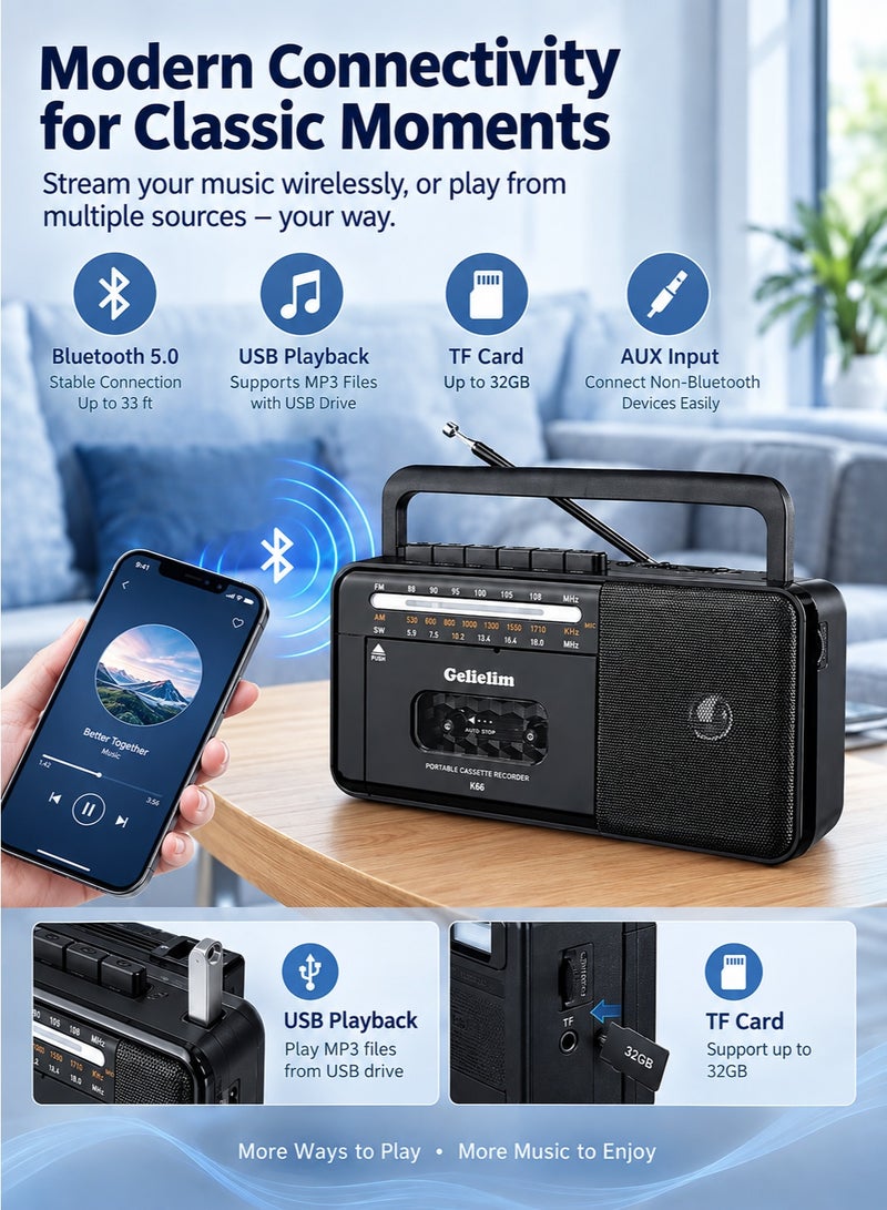 Knstar جهاز راديو بلوتوث مع مشغل كاسيت - محول كاسيت إلى USB/SD، راديو متعدد النطاقات FM/AM/SW مع مكبر صوت عالي الدقة للاستخدام المنزلي/الحديقة/السفر، هدية محمولة تحمل طابع الحنين - Image 4