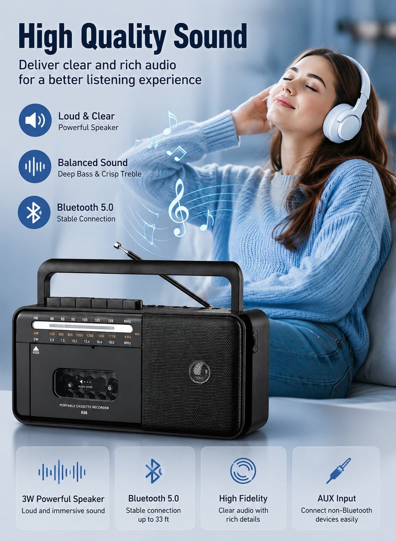 Knstar جهاز راديو بلوتوث مع مشغل كاسيت - محول كاسيت إلى USB/SD، راديو متعدد النطاقات FM/AM/SW مع مكبر صوت عالي الدقة للاستخدام المنزلي/الحديقة/السفر، هدية محمولة تحمل طابع الحنين - Image 2